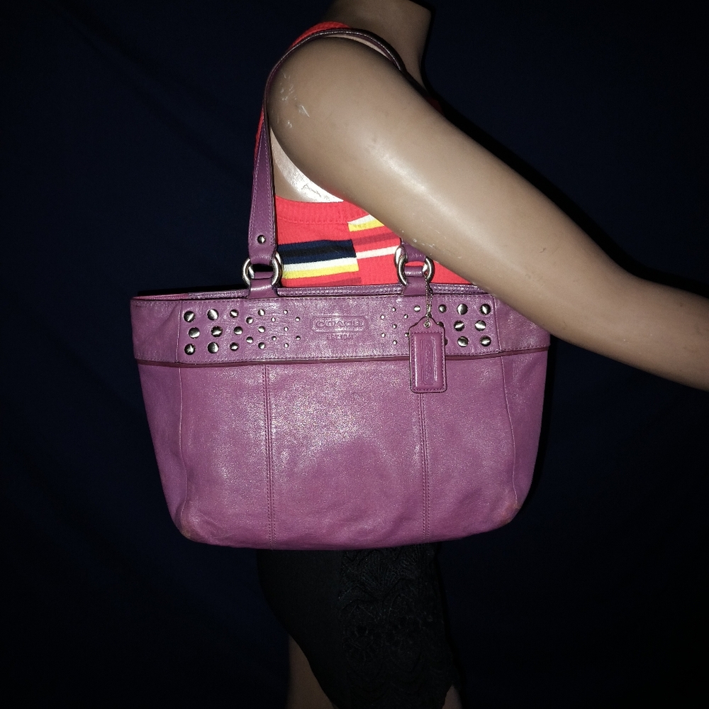 Coach East West F15235 Plum Leather Silver Studded Tote Shoulder Bag